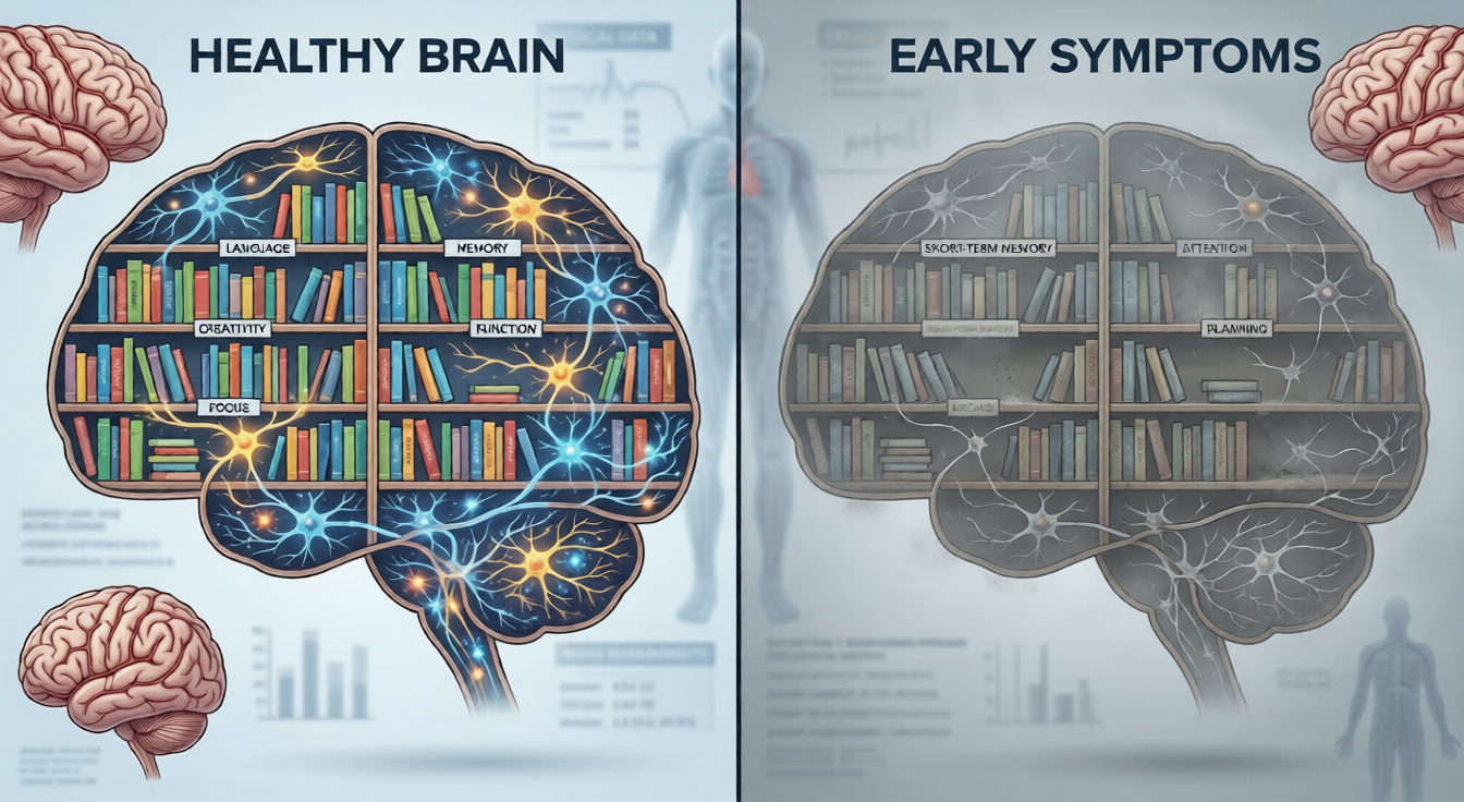 Infographie médicale comparant un oubli normal et les symptômes précoces de la démence chez la femme.